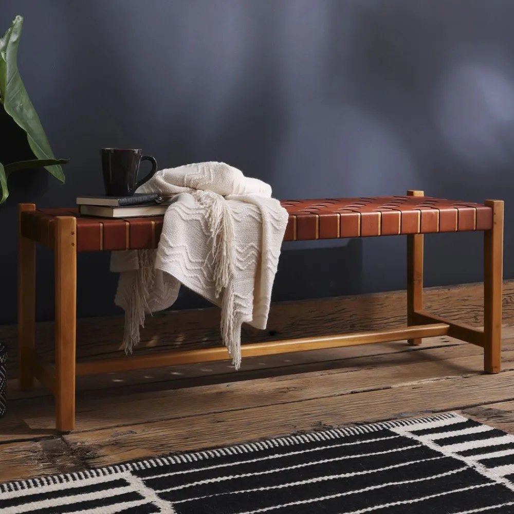 Becquet Banc en teck assise en cuir< Meuble, Étagère|Décoration