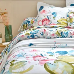 Becquet Linge de lit percale fleurs et feuilles de nénuphars multicolores< Housse De Couette|Linge De Lit Fantaisie, Linge De Lit Brodé