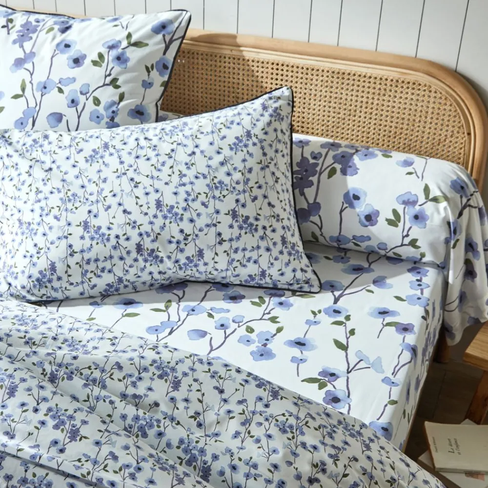 Becquet Linge de lit percale imprimé fleurs bleues - CRÉATION< Linge De Lit Fantaisie, Linge De Lit Brodé|Linge De Lit Fantaisie